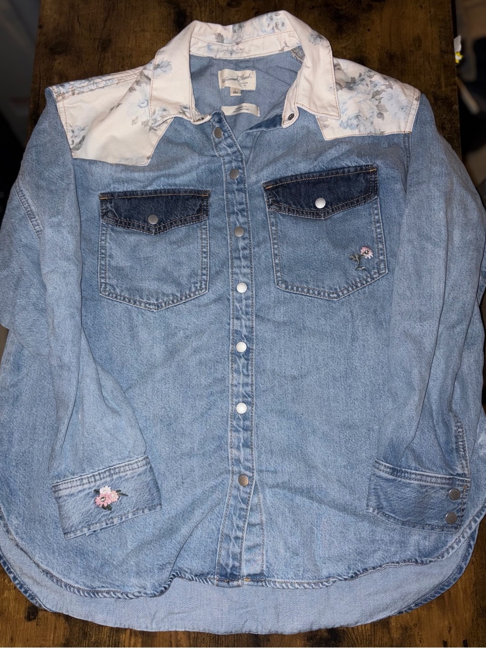 Universal Thread Light Blue Denim Floral Yoke Button-Down Shirt